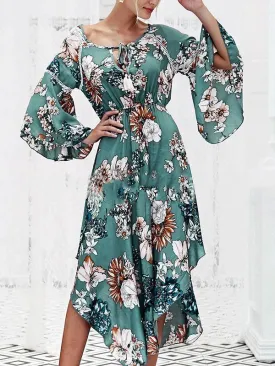 V NECK LONG SLEEVES FLORAL MIDI DRESS