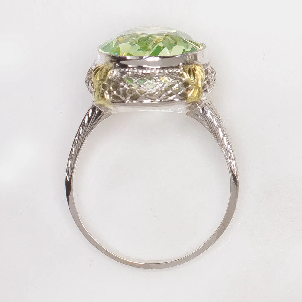 VINTAGE COCKTAIL RING 14K TWO TONE GOLD GREEN GEMSTONE FILIGREE STATEMENT BIG