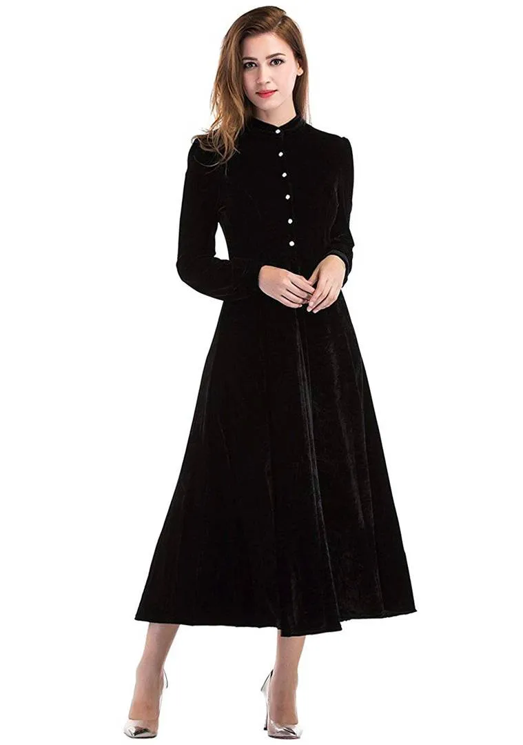 Women's Black Buttoned Velvet Fit and Flare Dress