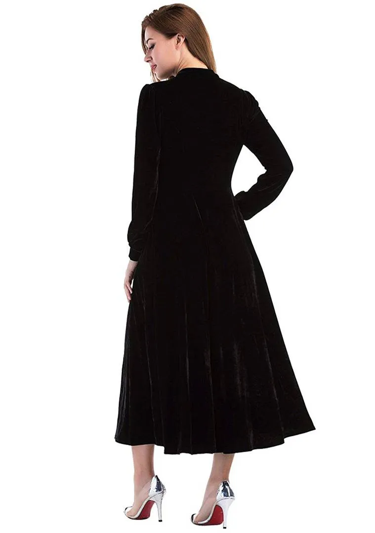 Women's Black Buttoned Velvet Fit and Flare Dress