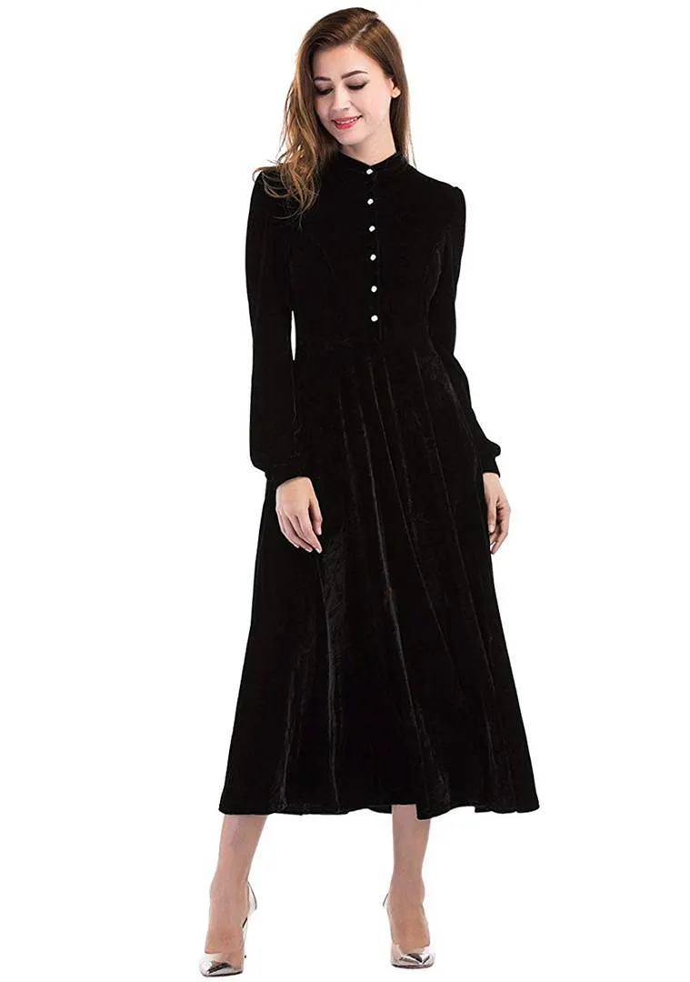 Women's Black Buttoned Velvet Fit and Flare Dress