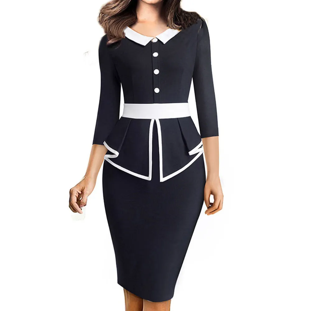 Women's three-quarter sleeves ruffled round neck professional slim-fit hip dress